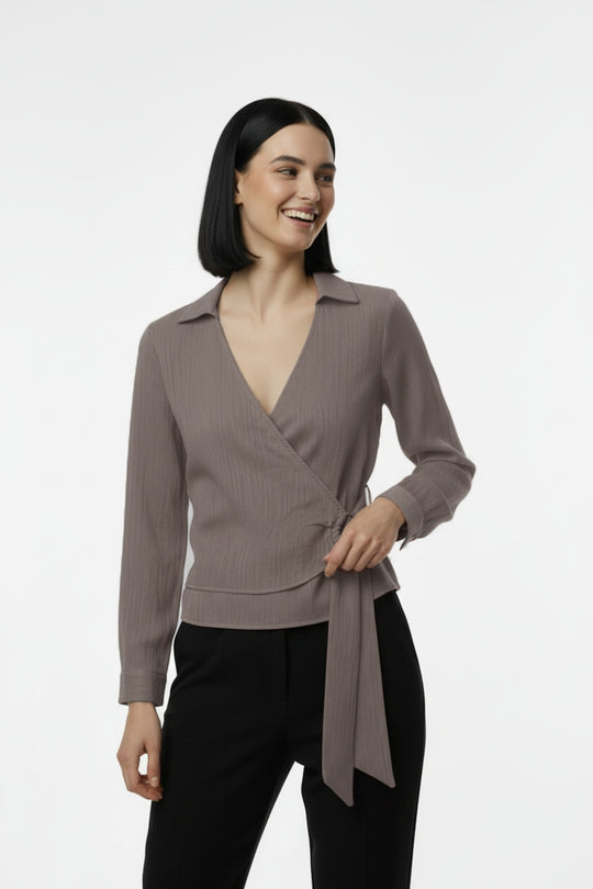 Kadın Müslim Tencel Kumaş Detaylı Bluz  Vizon