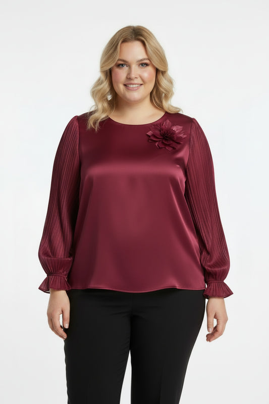 Büyük Beden Yaka Çiçek Bluz  Bordo