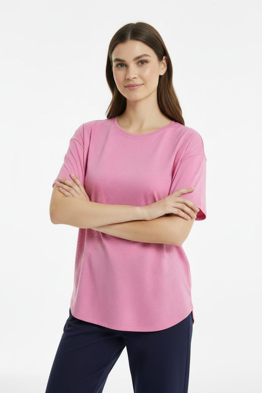 Kadın Etek Ucu Oval Taşlı Tshırt  Pembe