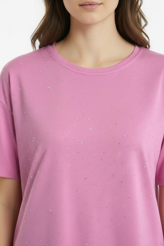 Kadın Etek Ucu Oval Taşlı Tshırt  Pembe