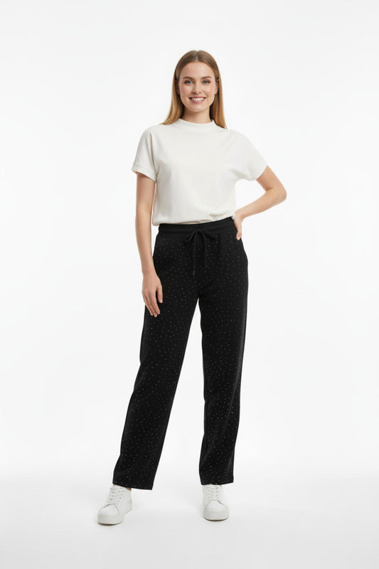 Kadın Bol Paça Taşlı Pantolon  Siyah