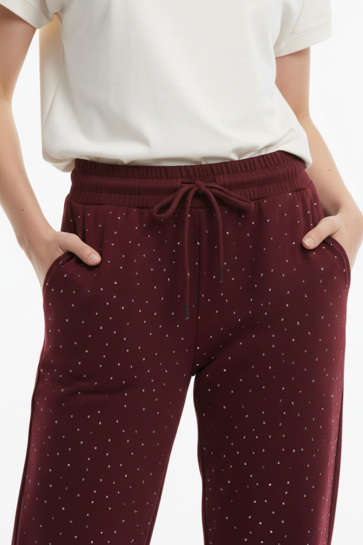 Kadın Bol Paça Taşlı Pantolon  Bordo