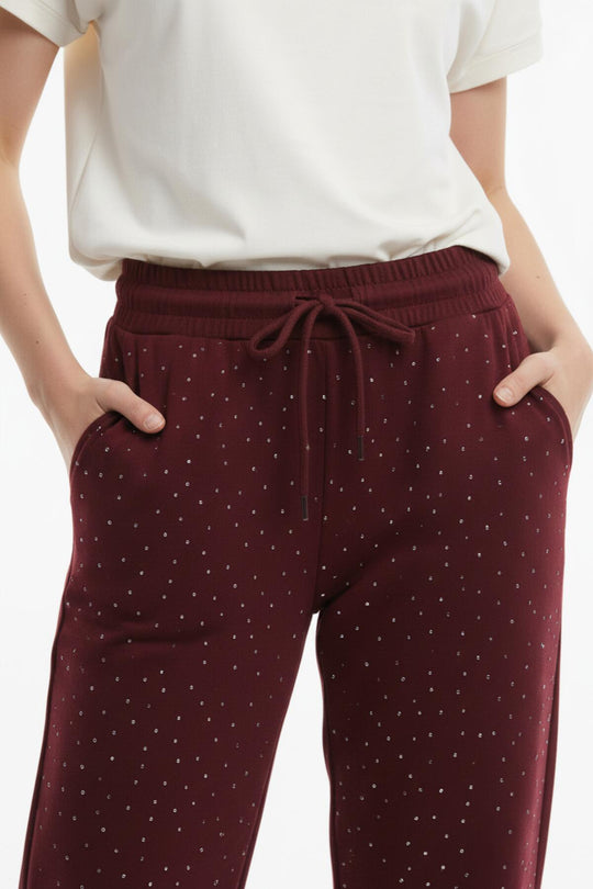 Kadın Bol Paça Taşlı Pantolon  Bordo