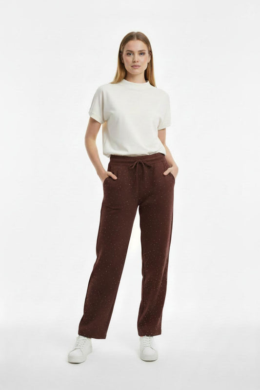 Kadın Bol Paça Taşlı Pantolon  Kahverengi