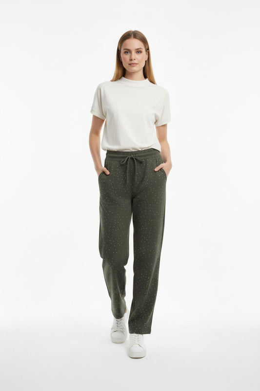 Kadın Bol Paça Taşlı Pantolon  Haki