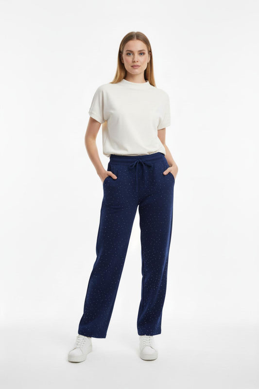 Kadın Bol Paça Taşlı Pantolon  Lacivert