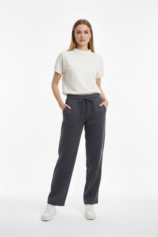 Kadın Bol Paça Taşlı Pantolon  Füme