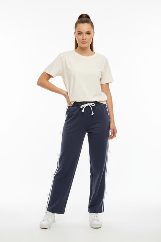 Kadın Yanları Fiyonk Detay Düz Paça Eşofman  Füme