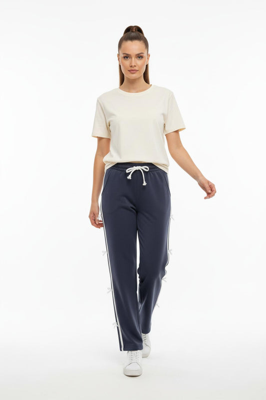 Kadın Yanları Fiyonk Detay Düz Paça Eşofman  Füme