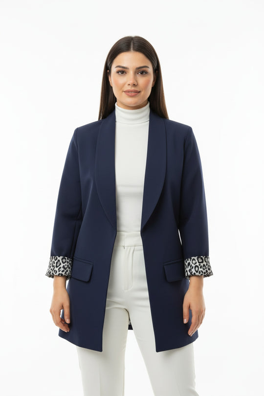 Büyük Beden İçi Leoparlı Blazer Ceket  Lacivert