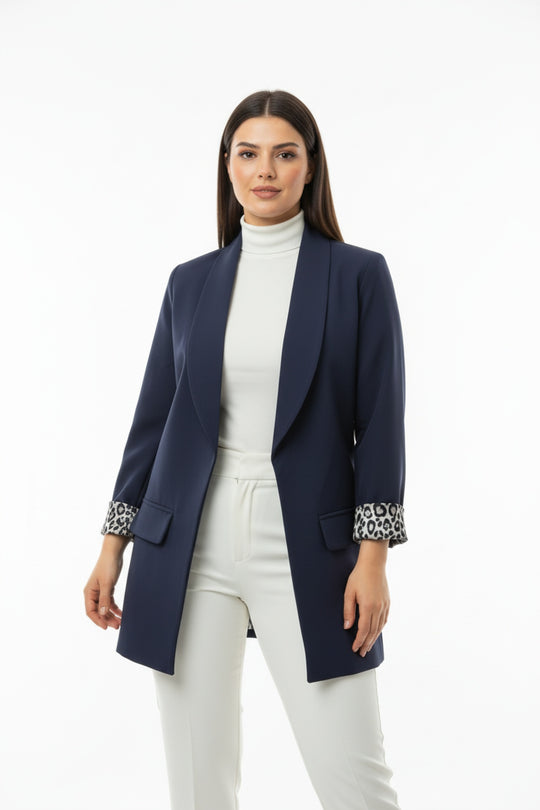 Büyük Beden İçi Leoparlı Blazer Ceket  Lacivert
