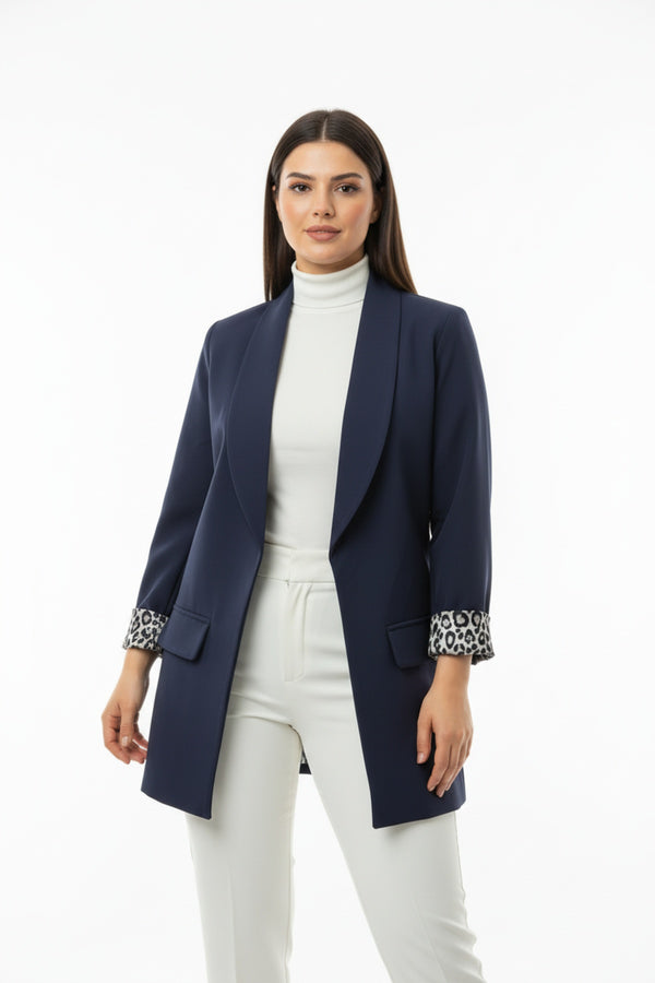 Büyük Beden İçi Leoparlı Blazer Ceket  Lacivert