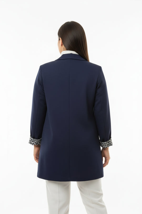 Büyük Beden İçi Leoparlı Blazer Ceket  Lacivert