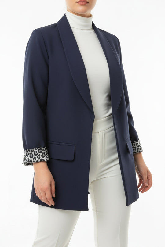 Büyük Beden İçi Leoparlı Blazer Ceket  Lacivert