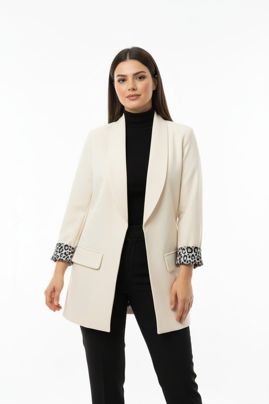 Büyük Beden İçi Leoparlı Blazer Ceket  Krem