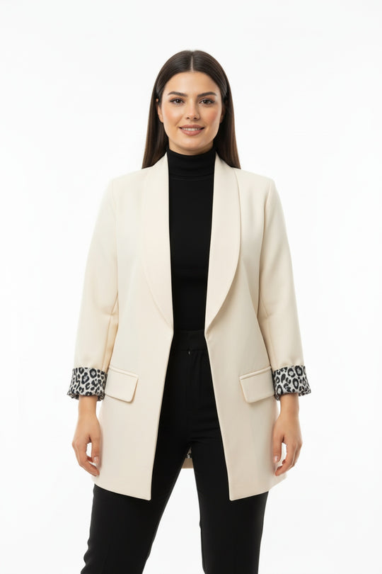 Büyük Beden İçi Leoparlı Blazer Ceket  Krem