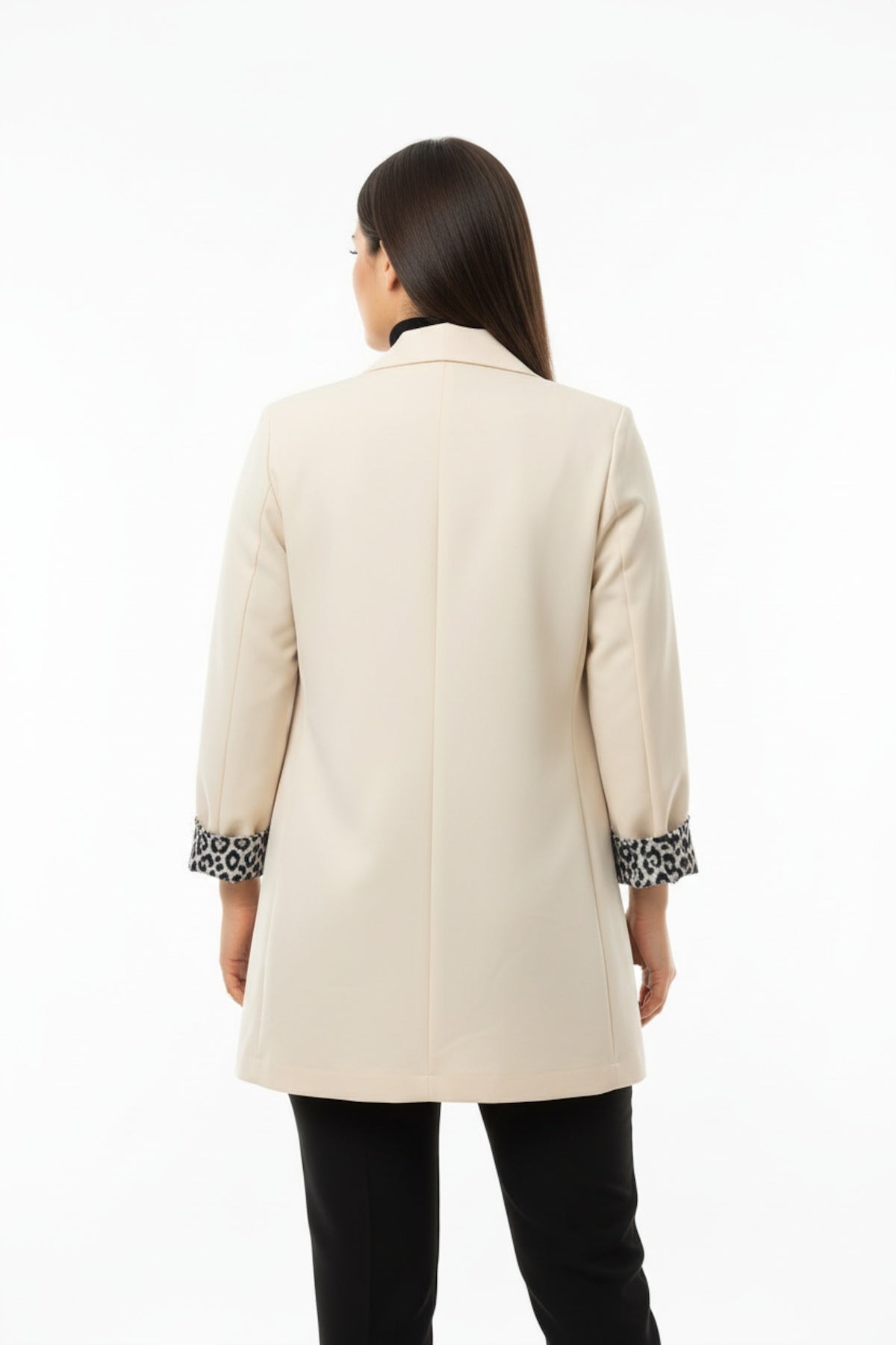 Büyük Beden İçi Leoparlı Blazer Ceket  Krem