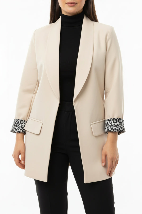 Büyük Beden İçi Leoparlı Blazer Ceket  Krem