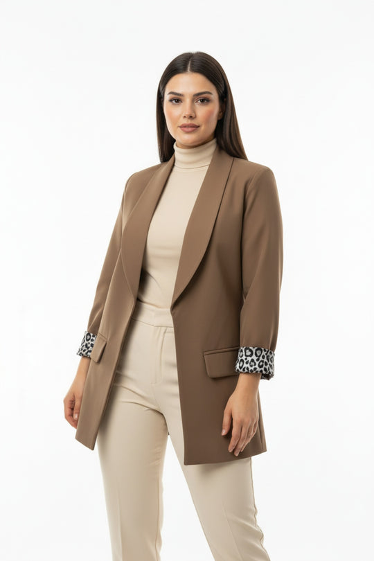 Büyük Beden İçi Leoparlı Blazer Ceket  Bej