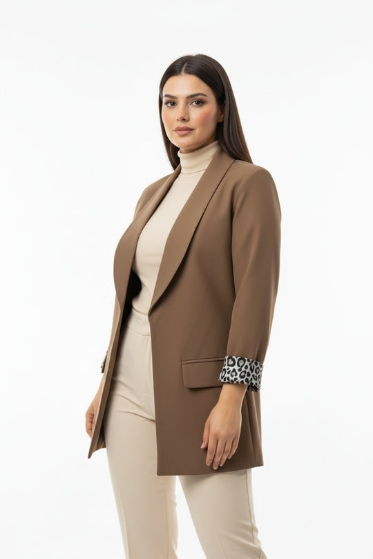 Büyük Beden İçi Leoparlı Blazer Ceket  Bej