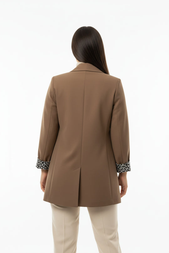 Büyük Beden İçi Leoparlı Blazer Ceket  Bej