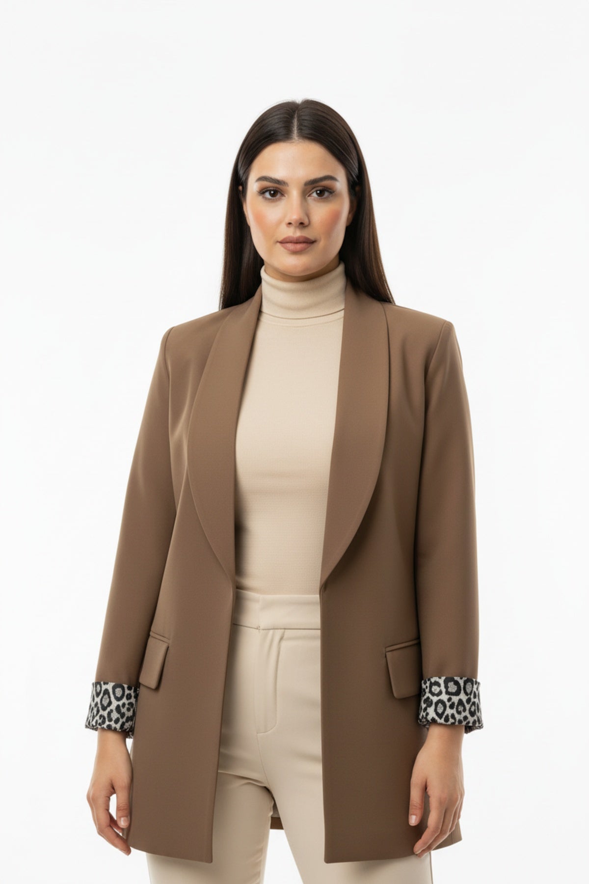 Büyük Beden İçi Leoparlı Blazer Ceket  Bej