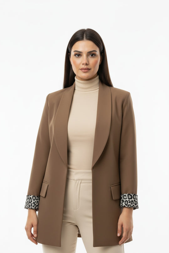 Büyük Beden İçi Leoparlı Blazer Ceket  Bej