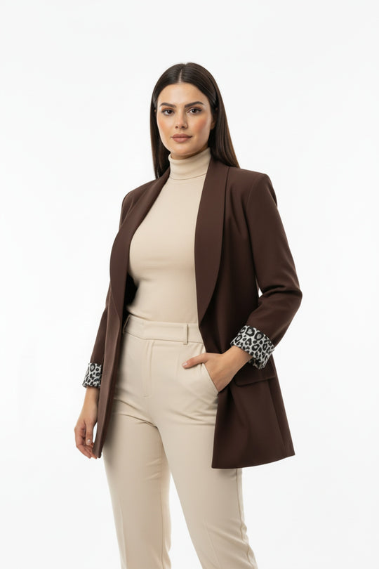 Büyük Beden İçi Leoparlı Blazer Ceket  Kahverengi