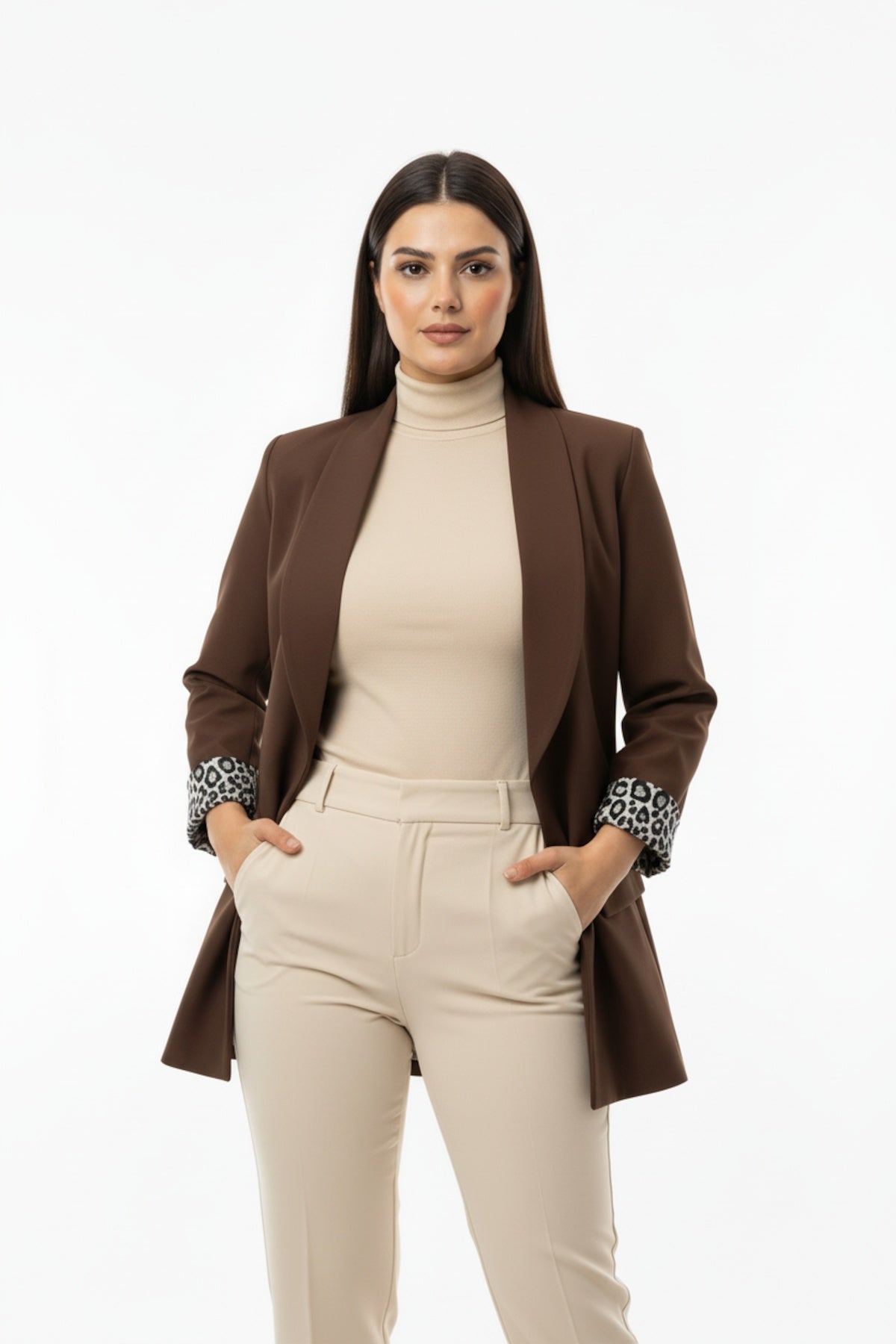 Büyük Beden İçi Leoparlı Blazer Ceket  Kahverengi