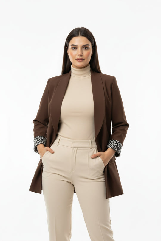 Büyük Beden İçi Leoparlı Blazer Ceket  Kahverengi