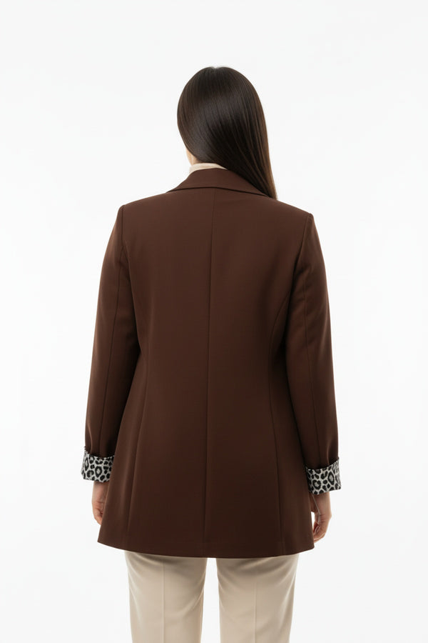 Büyük Beden İçi Leoparlı Blazer Ceket  Kahverengi
