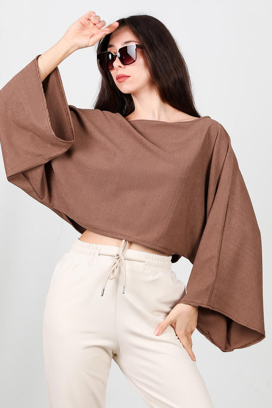 Kadın Yarasa Kol Kayık Yaka Bluz  Kahverengi