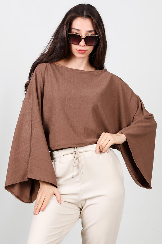 Kadın Yarasa Kol Kayık Yaka Bluz  Kahverengi