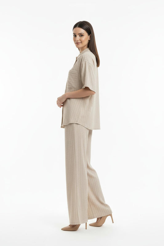 Büyük Beden Çizgili Arka Bel Lastikli Bol Paça Pantolon  Krem