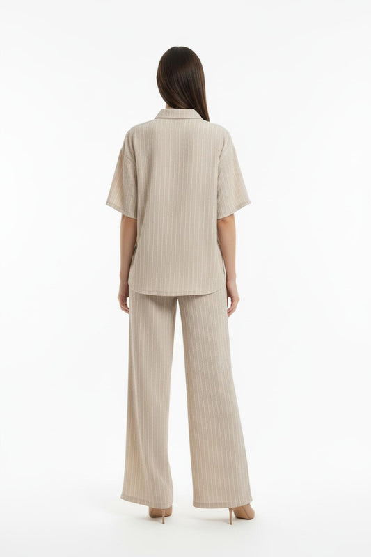 Büyük Beden Çizgili Arka Bel Lastikli Bol Paça Pantolon  Krem