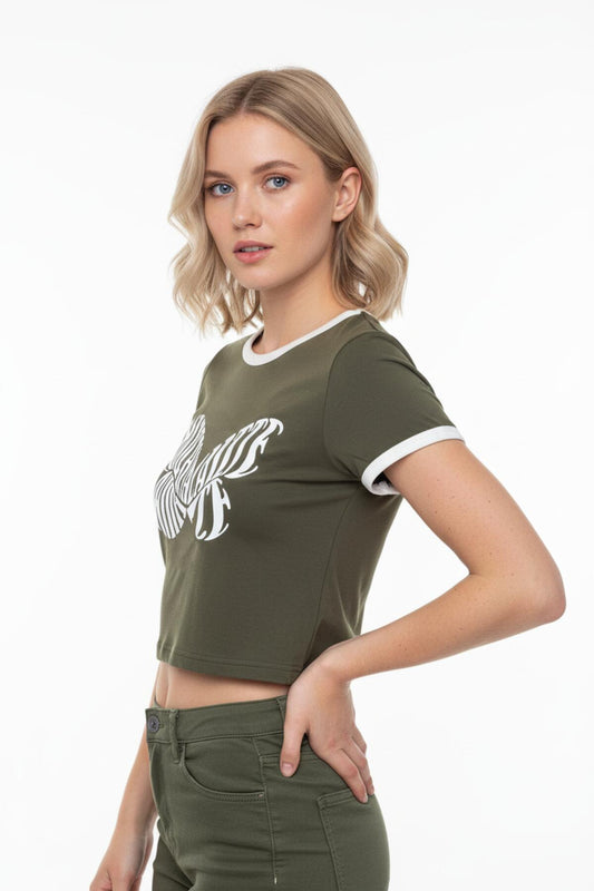 Kadın Önü Baskılı Bisiklet Yaka Kısa Bady Tshırt  Haki