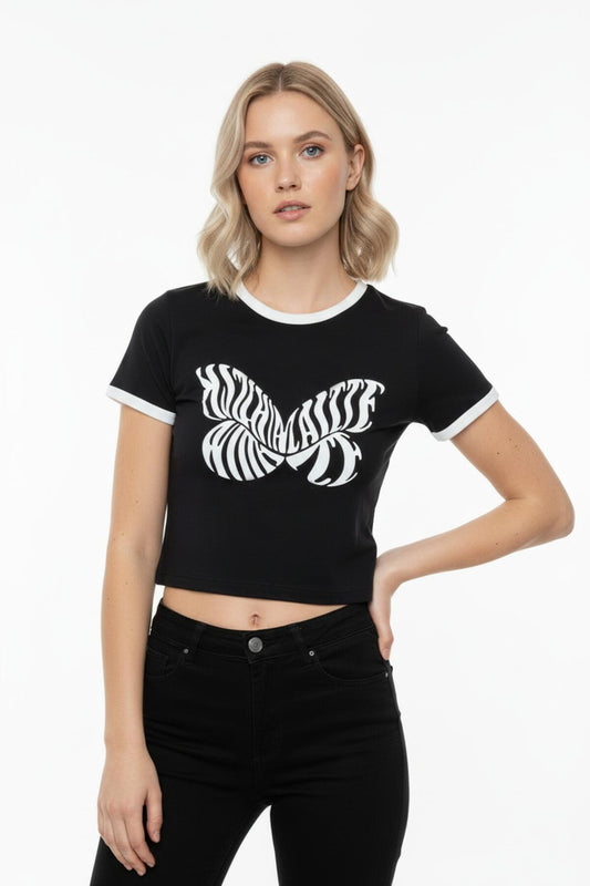 Kadın Önü Baskılı Bisiklet Yaka Kısa Bady Tshırt  Siyah