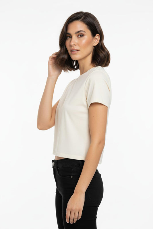 Kadın Bisiklet Yaka Kısa Bady Tshırt  Ekru