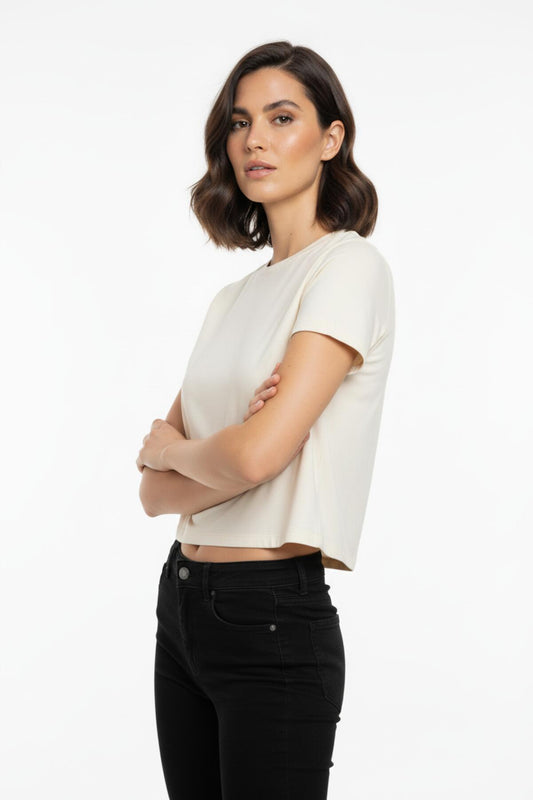 Kadın Bisiklet Yaka Kısa Bady Tshırt  Ekru