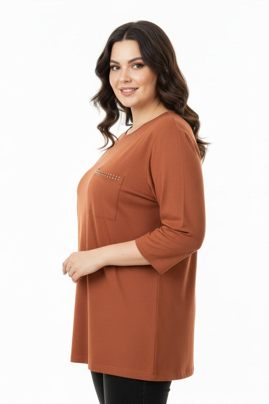 Büyük Beden Kapri Kol Sahte Cep Detay Bluz  Taba