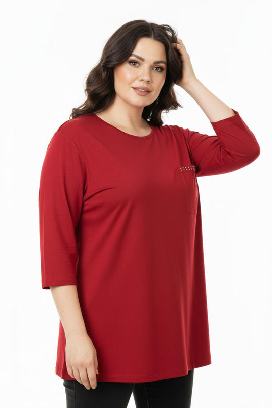 Büyük Beden Kapri Kol Sahte Cep Detay Bluz  Kırmızı