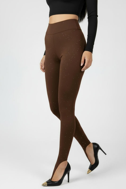 Kadın Parmak Geçmeli Taşlı Tayt  Kahverengi