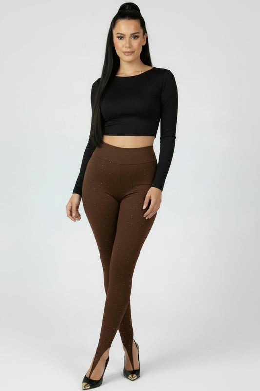 Kadın Parmak Geçmeli Taşlı Tayt  Kahverengi