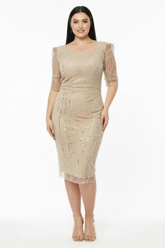 Büyük Beden Uzun Kol Kare Yaka Pullu Boncuklu Abiye  Bej