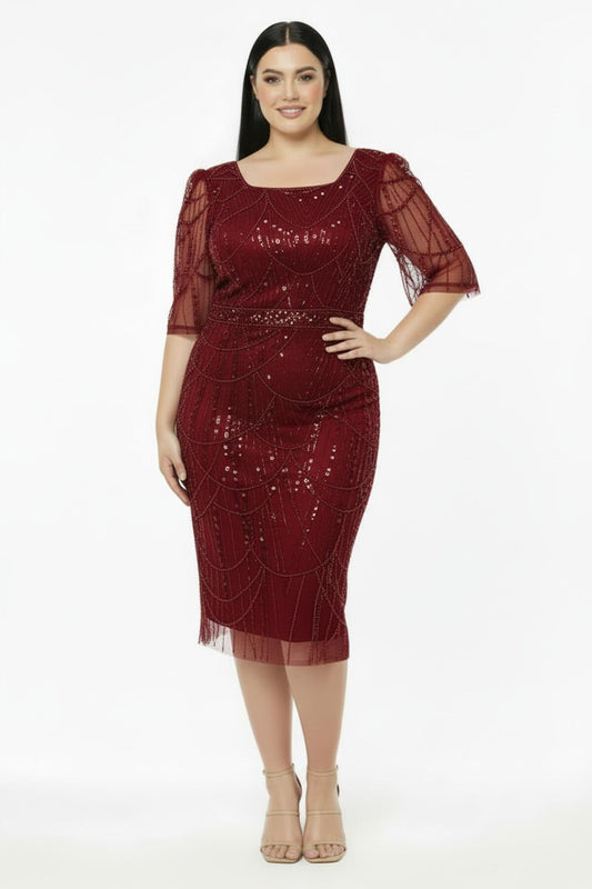 Büyük Beden Uzun Kol Kare Yaka Pullu Boncuklu Abiye  Bordo