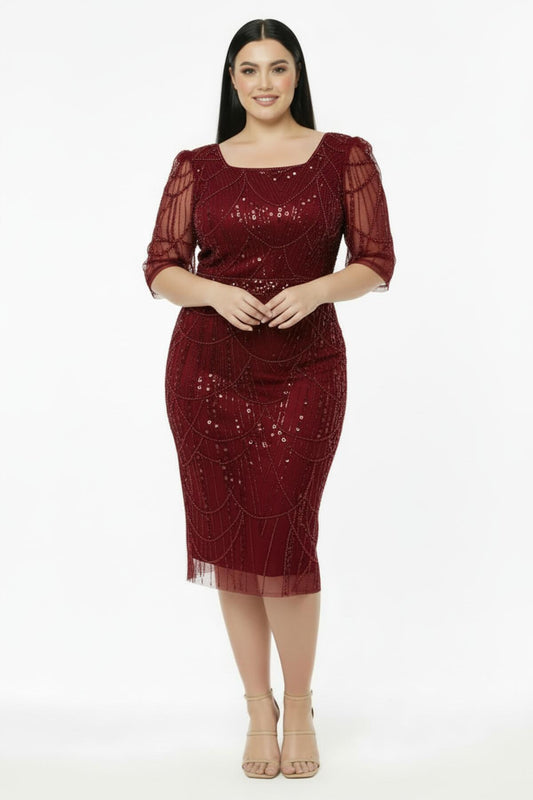 Büyük Beden Uzun Kol Kare Yaka Pullu Boncuklu Abiye  Bordo