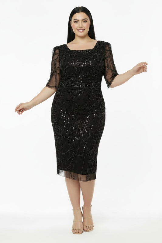 Büyük Beden Uzun Kol Kare Yaka Pullu Boncuklu Abiye  Siyah