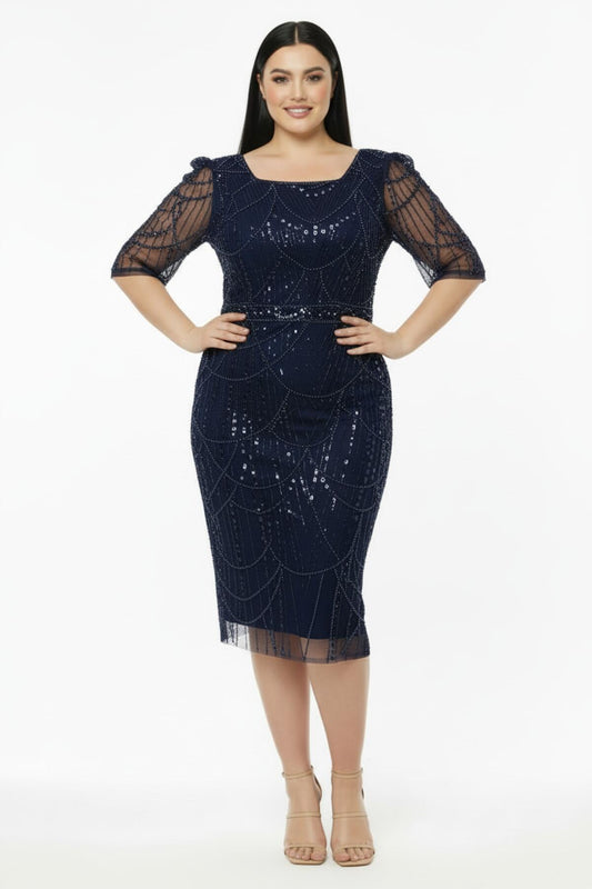 Büyük Beden Uzun Kol Kare Yaka Pullu Boncuklu Abiye  Lacivert