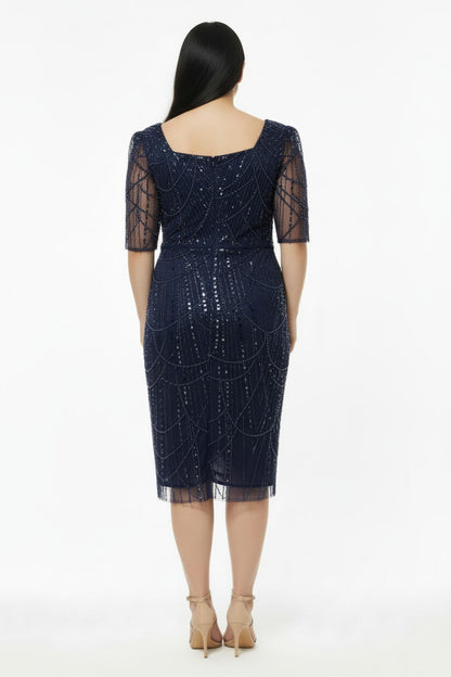 Büyük Beden Uzun Kol Kare Yaka Pullu Boncuklu Abiye  Lacivert