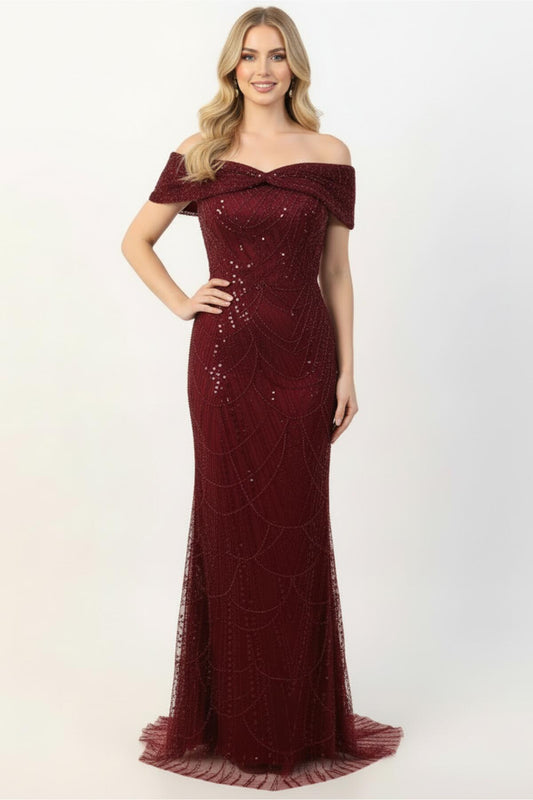 Kadın Yaka Detay Pullu Boncuklu Uzun Abiye  Bordo